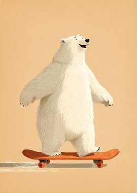 Polar Bear on Orange Skateboard – Minimal Whimsical Illustration