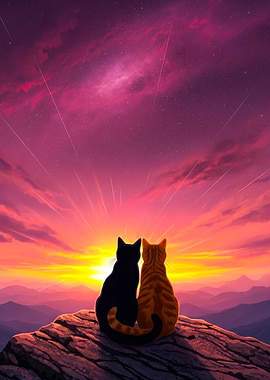 Cats watching sunset