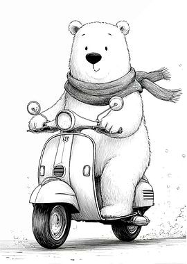 Polar Bear on Vintage Scooter – Ink Line Drawing