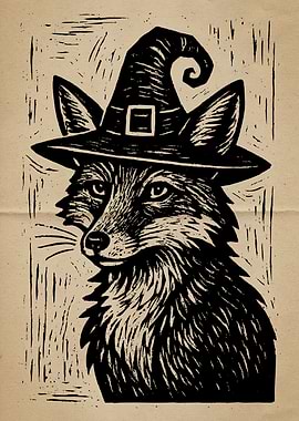 Fox Witch Linocut Vintage