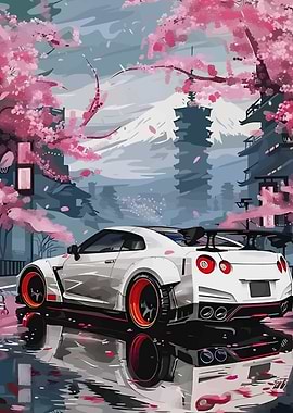 Nissan GTR in Japan with Cherry Blossoms