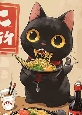 Cartoon Cat Eating Ramen Noodles