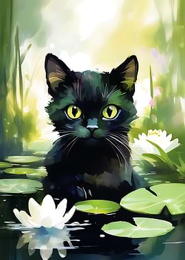 Black Cat in Lily Pond