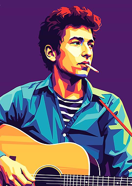 Bob Dylan Colorful Portrait with Guitar