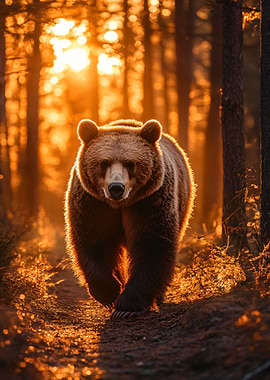 Bear walking through sunlit forest