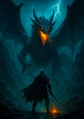 Knight Facing Dragon in Stormy Landscape