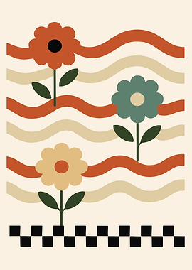 Retro Floral Pattern with Wavy Lines