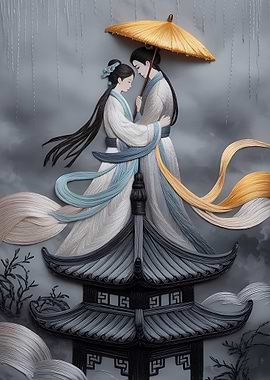 Asian Couple Under Umbrella on Pagoda