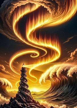Lighthouse, Waves, and Fiery Sky