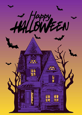 Happy Halloween Haunted House with Bats