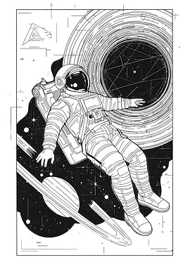 Intrepid astronaut explores deep space mysteries amidst cosmic swirls in black and white