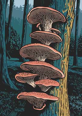 Mushroom Cluster on Tree Trunk in Woodland