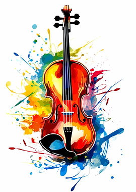 Colorful Violin with Watercolor Splatters