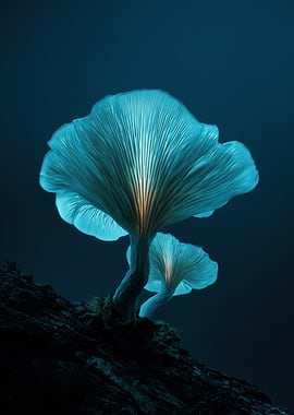 Glowing Blue Mushrooms on a Log