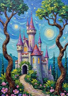 Fantasy Castle Under Starry Night Sky