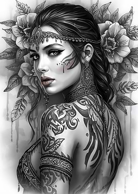 Tattooed Woman with Floral Background