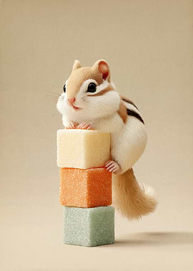 Chipmunk With Pastel Sugar Cubes – Minimal Cute Illustration
