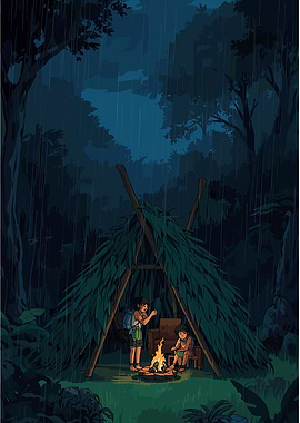 Rainy Forest Campfire Scene