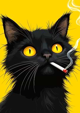 Smoking Black Cat on Yellow Background