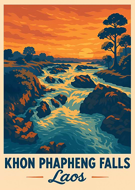 Khon Phapheng Falls, Laos Travel Poster