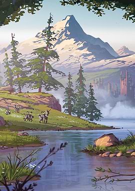 Mountain Lake Landscape with Deer-like Creatures