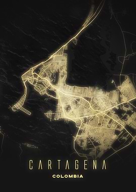 Cartagena, Colombia - Glowing at Night City Map Art Poster