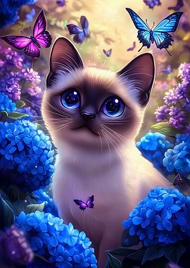 Siamese Cat with Butterflies and Flowers