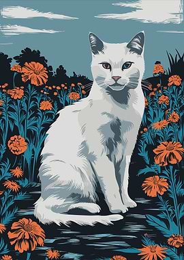 White Cat in Orange Flower Field