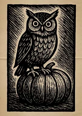 Owl on Pumpkin Woodcut Print Vintage