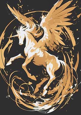 Golden Winged Unicorn on Dark Background