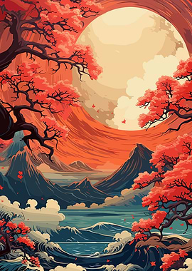 Japanese Landscape with Moon and Cherry Blossoms