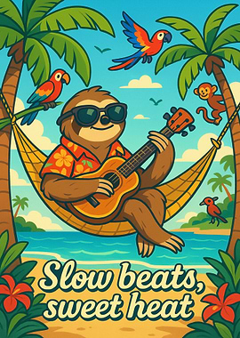 Tropical Sloth Playing Ukulele in Hammock