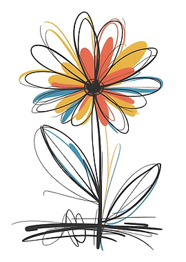 Abstract Flower Sketch with Color Accents