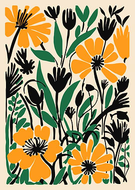 Floral Illustration with Orange and Black