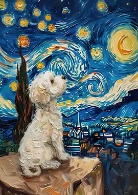 Dog in Starry Night Style Painting