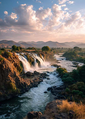 Waterfall Landscape with Cloudy Sky