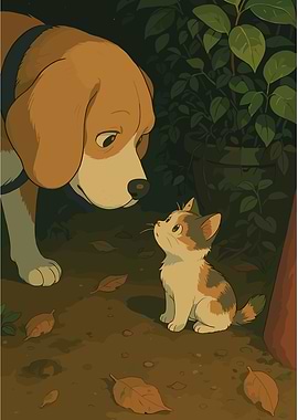 Dog and Cat Encounter in Garden