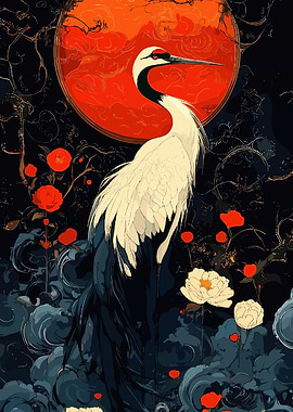 Crane and Red Sun Art