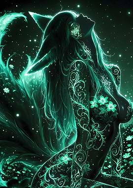 Fox Girl in Emerald Glow