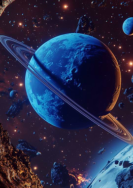 Blue Ringed Planet in Space