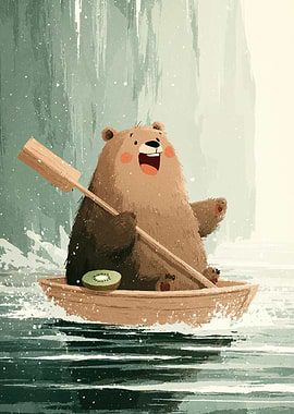 Rowing Bear at Misty Falls – Whimsical Illustration