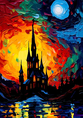 Abstract Castle Under Moonlight Painting