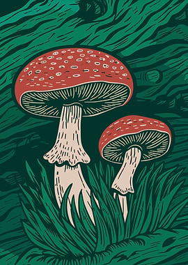 Amanita Mushrooms in Green Forest Illustration
