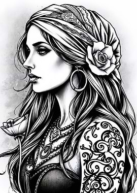 Monochrome Woman with Rose and Tattoo