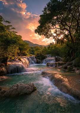 Erawan Falls Waterfall Landscape at Sunset