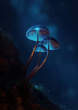 Glowing Blue Mushrooms in Dark Forest