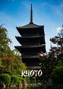 Kyoto Japanese Pagoda with Garden and Heron