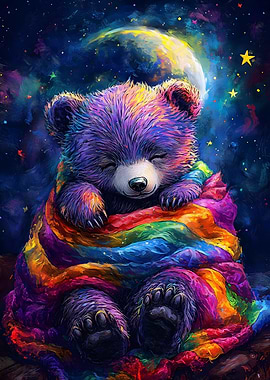 Rainbow Bear Sleeping Under the Moon