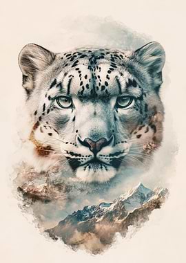 Snow Leopard Portrait with Mountain Scene