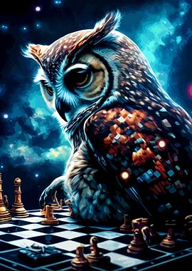 Owl Playing Chess in Space